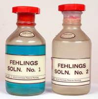 Bottles of Fehling's number 1 and Fehling's number 2