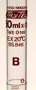A class B burette showing ± 0.1 ml tolerance