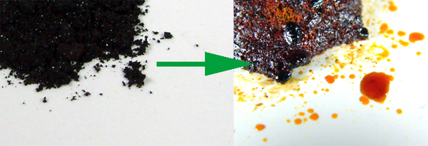 The black anhydrous iron(III) chloride absorbs moisture from the air becoming an orange solution