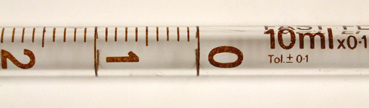 Close-up showing the ± 0.1 ml tolerance on a 10 ml graduated pipette