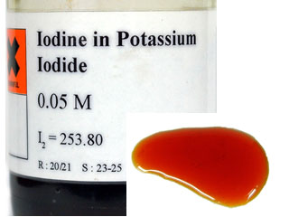 A brown solution of iodine in potassium iodide solution