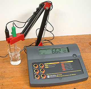 A more expensive bench top pH meter with pH probe and temperature sensor