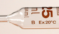 Close-up of pipette showing the class B, Ex and temperature markings