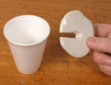 A polystyrene cup and lid limits heat loss or gain