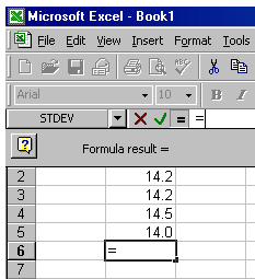 Excel spreadsheet showing standard deviation function